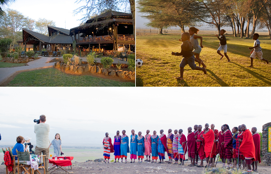 A view of Ol Tukai Lodge on the top left, children playing at the lodge on top right and a family watching a Maasai dance at the bottom - Where to travel with your family in Kenya